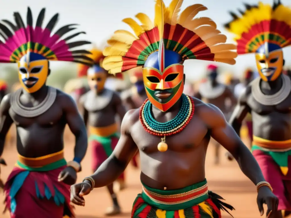 Tradiciones y rituales del Festival de las Máscaras de Burkina Faso: grupo de danzantes con máscaras y trajes vibrantes