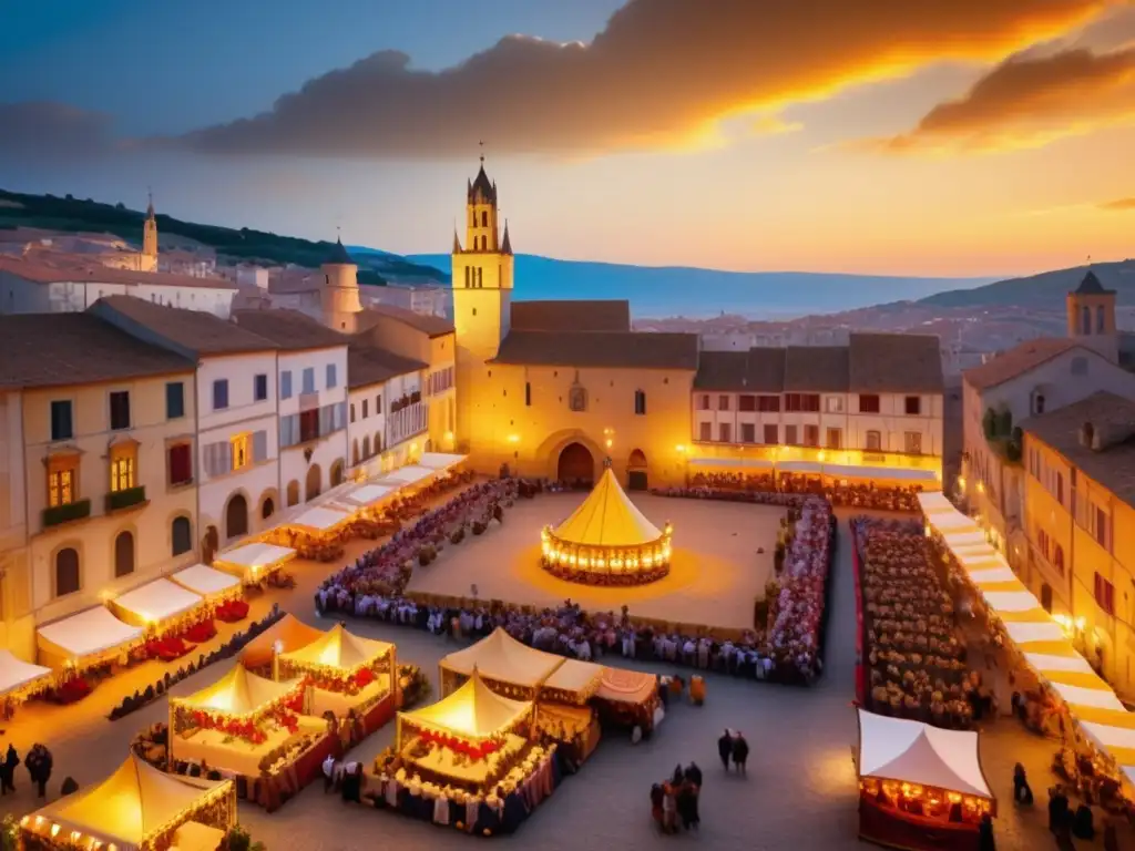 Plaza medieval durante festival tradicional en Europa con banderas coloridas y música alegre