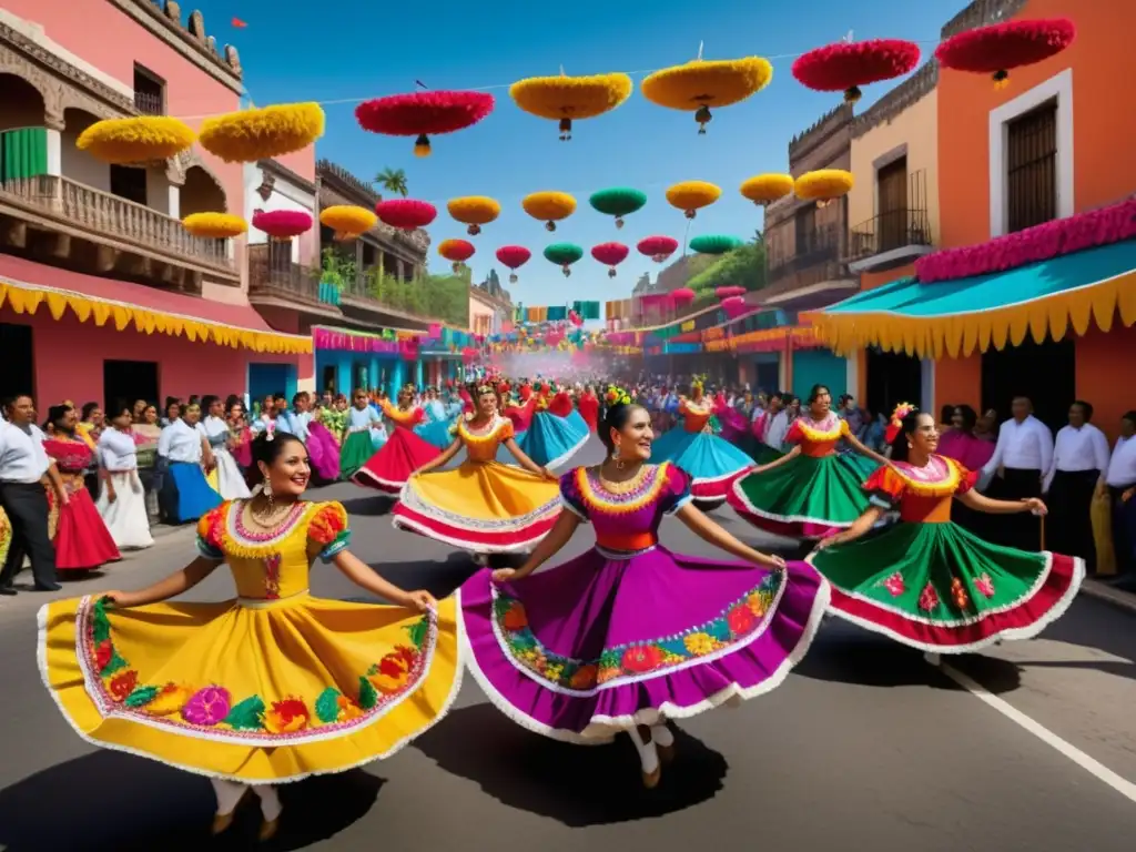 Tradiciones festivas mexicanas reveladas: vibrante imagen de una calle llena de color, energía y símbolos culturales