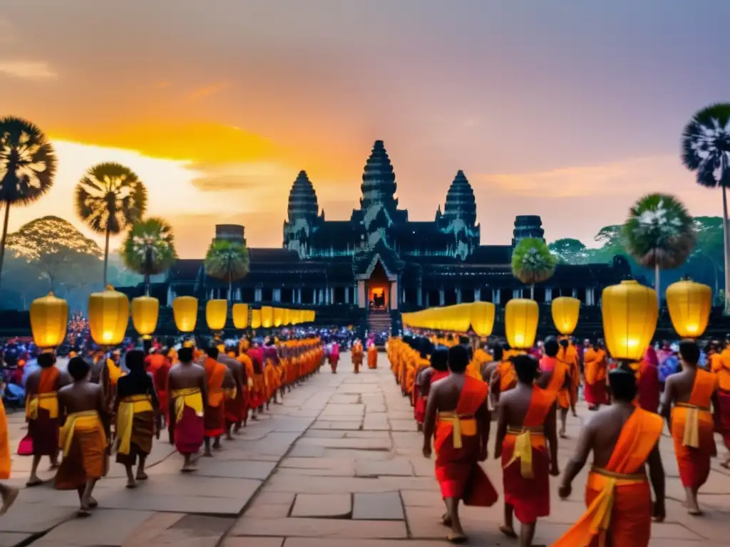 Festivales tradicionales templos Angkor: Escena mística de festivales en templos de Angkor, con procesión vibrante, música tradicional y templos majestuosos al atardecer