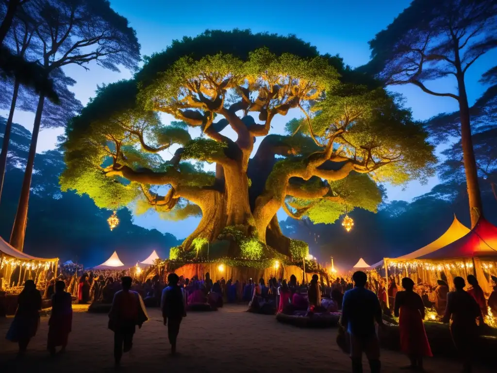 Festival subcultural en un bosque místico con decoraciones vibrantes y una multitud diversa