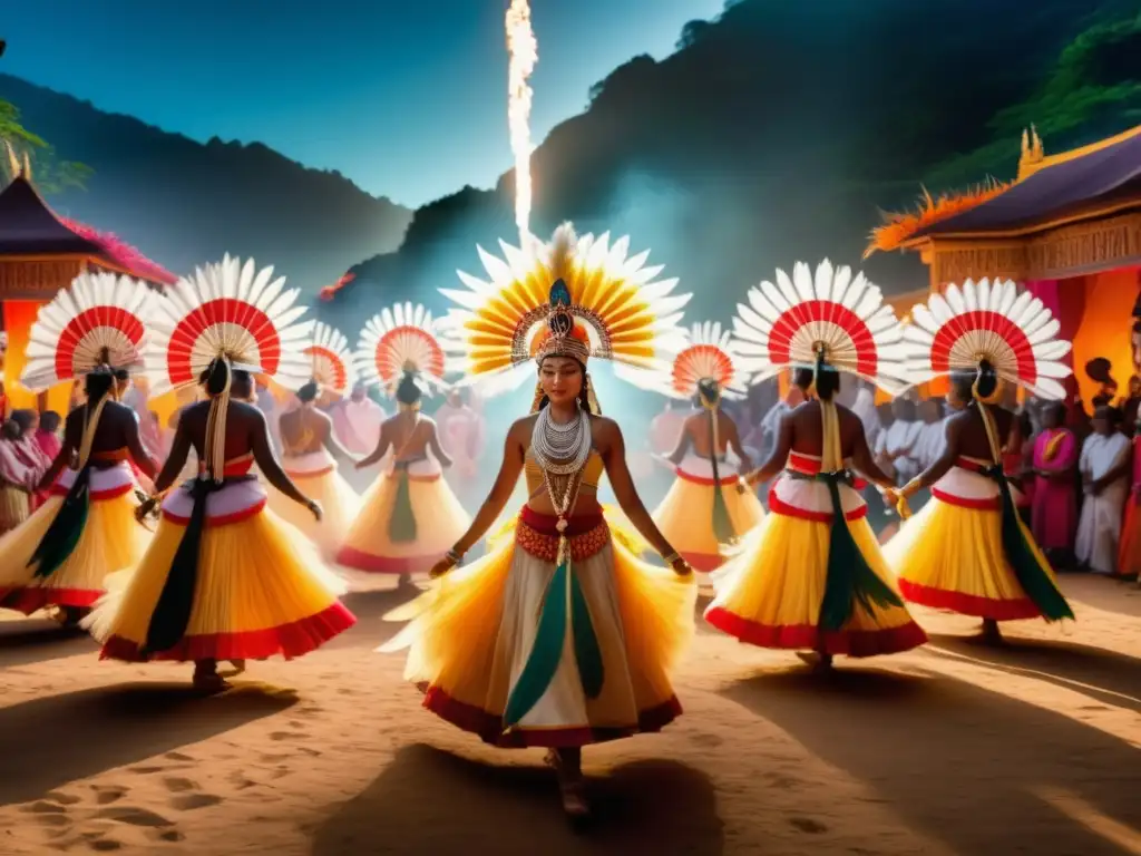 Festival tradicional en lugar sagrado con headdresses, ceremonia vibrante y misticismo histórico