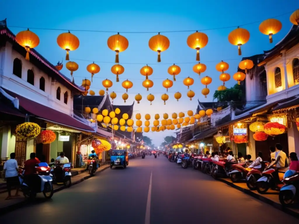 Celebración del Festival de los Monos en Tailandia, decoraciones vibrantes, monos juguetones y cielo pintado en tonos rosados y morados