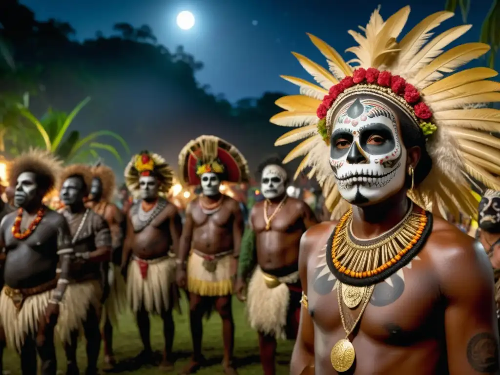 Festival de los Muertos Vivientes en Papua Nueva Guinea - Escena mística con performers adornados en la jungla tropical (110 caracteres)