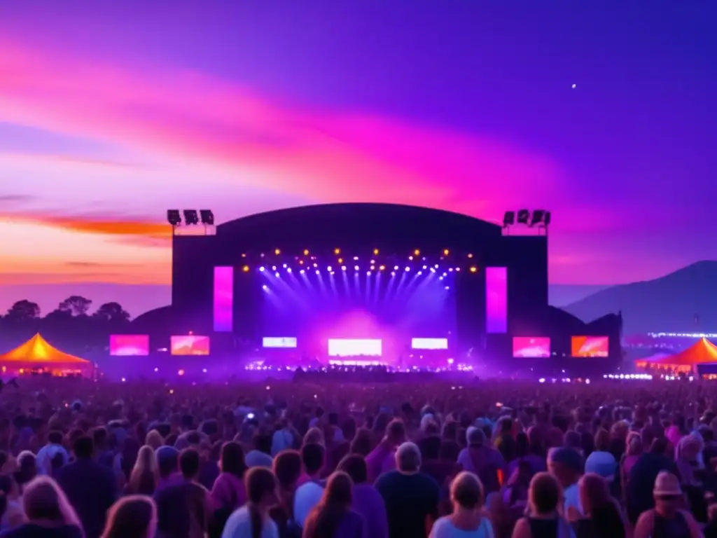 Evolución de festivales música: Escena vibrante en festival al atardecer, con un cielo de tonos púrpuras, naranjas y rosas