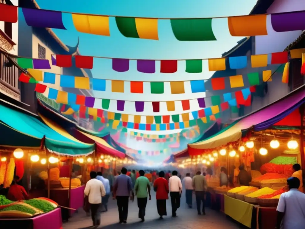 Festivales tradicionales culturales en todo el mundo: Escena mágica de festividades vibrantes, con desfiles, música y comida callejera