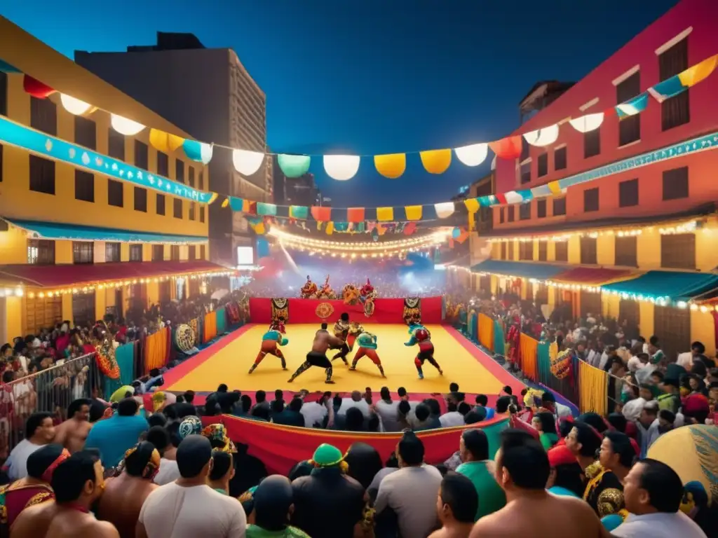 Festivales de lucha en culturas- Vibrante escena de festival con luchadores enmascarados, colores y cultura global