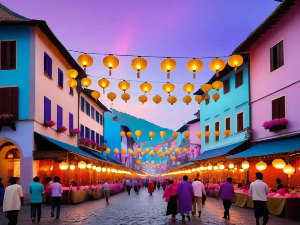 Festival religioso-cultural: escena vibrante de una calle llena de vida y color, con edificios pintorescos y calles empedradas