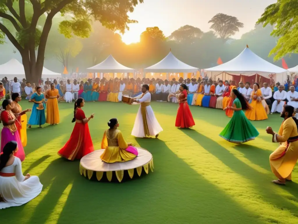 Celebración intercultural en un parque verde, con música, baile, tradiciones y decoraciones vibrantes