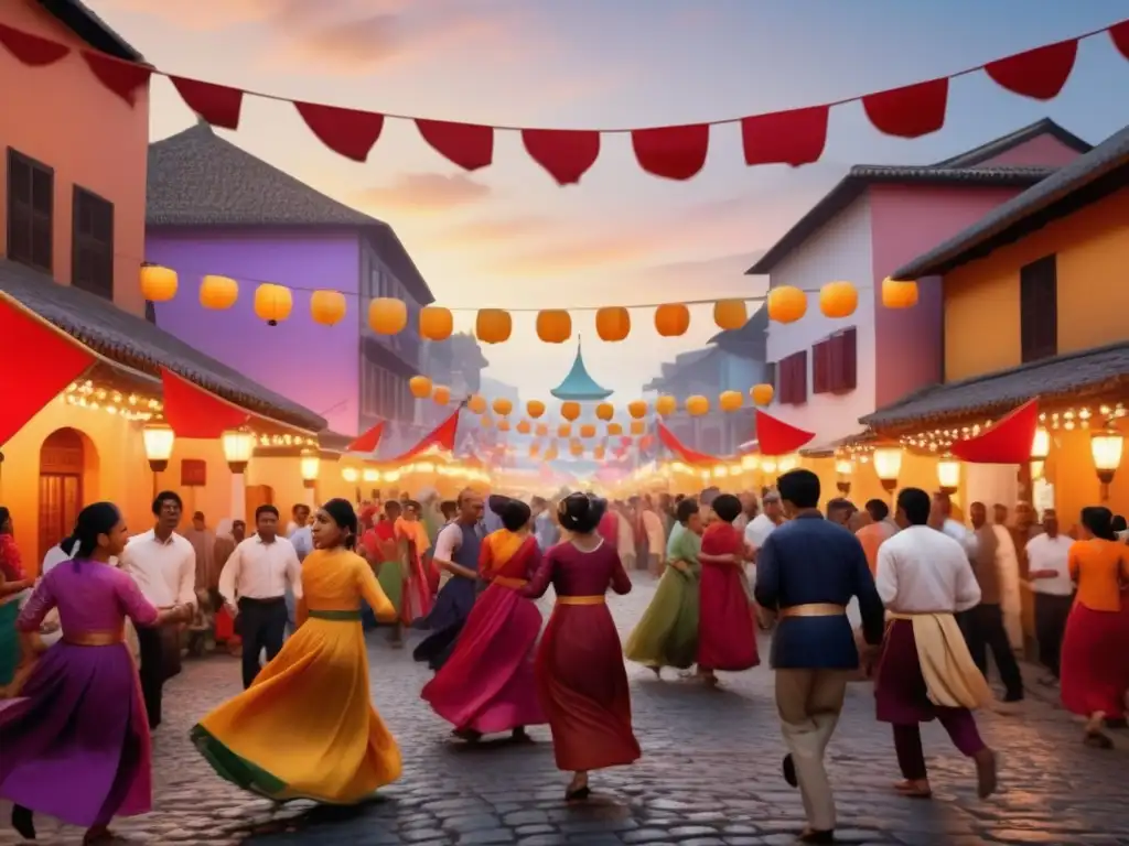 Festival tradicional en una ciudad vibrante al atardecer, con gente de diferentes culturas disfrutando de actividades y comida