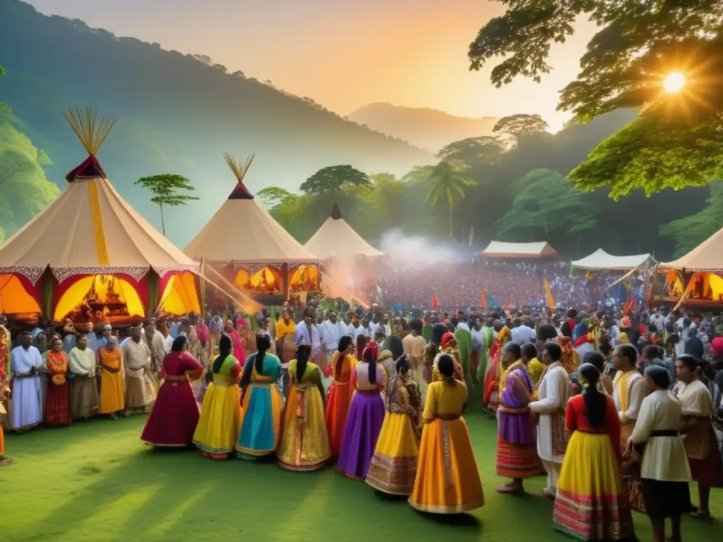 Festivales interculturales: un encuentro mágico y vibrante de culturas diversas en un bosque verde y cálido atardecer