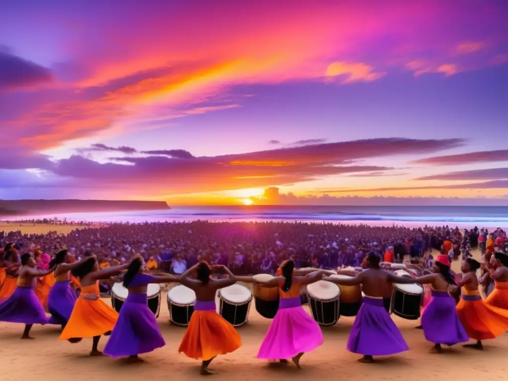 Festivales tradicionales en el mundo: Vibrante celebración cultural con atardecer y danzas folklóricas