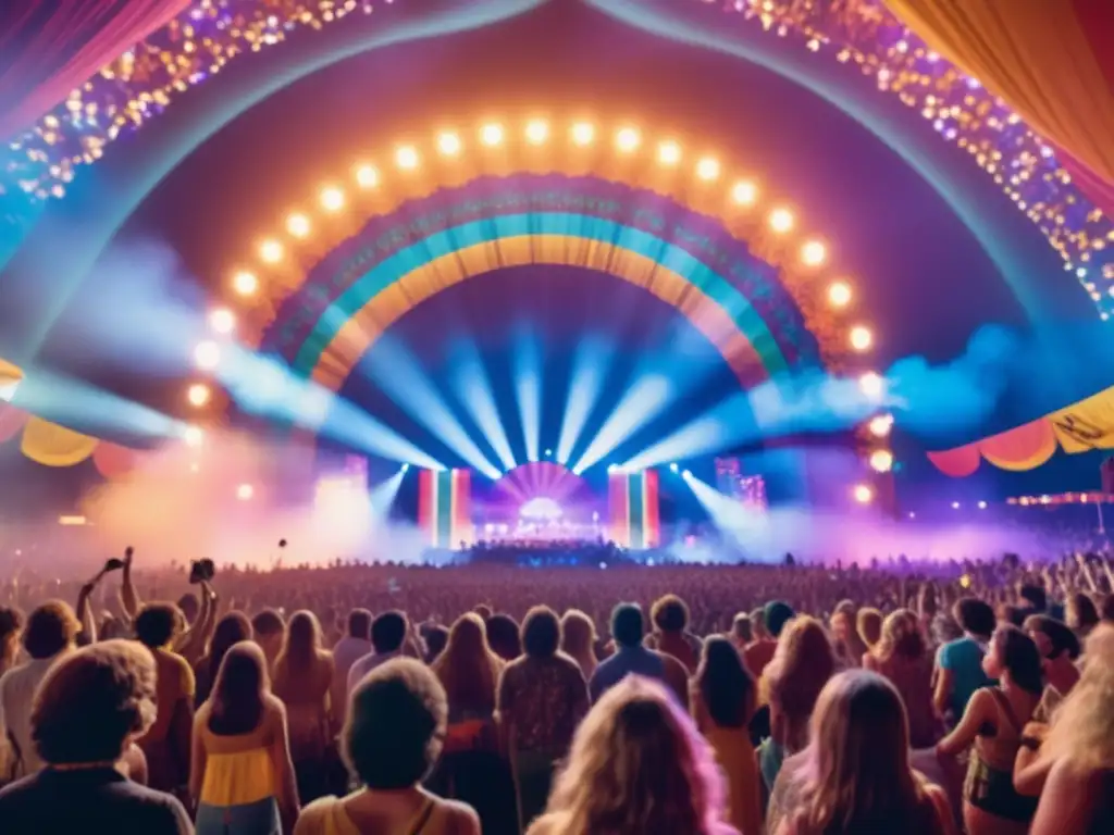 The image captures the essence of the 70s music festival experience, perfectly encapsulating the energy, unity, and euphoria of the era