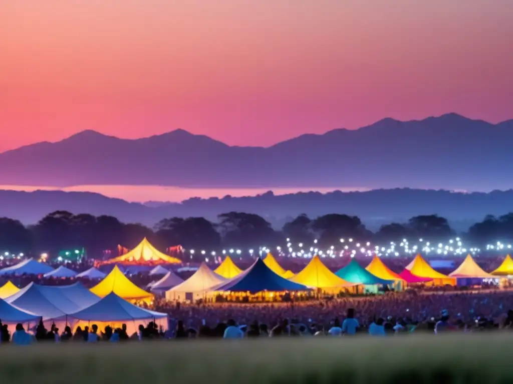 Fotografía de festivales tradicionales en un campo iluminado por la puesta de sol, con festivaleros emocionados y escenarios llenos de luces