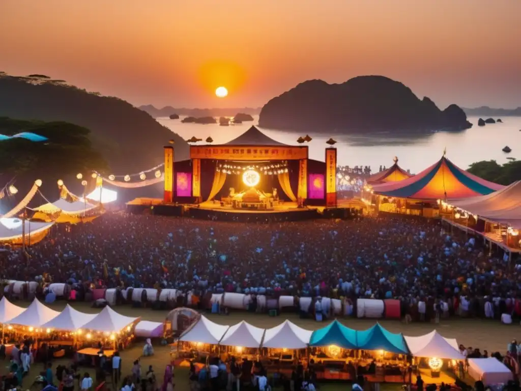 Festivales de música boho en Asia: vibrante escena con artistas, decoraciones bohemias y entusiastas festivaleros