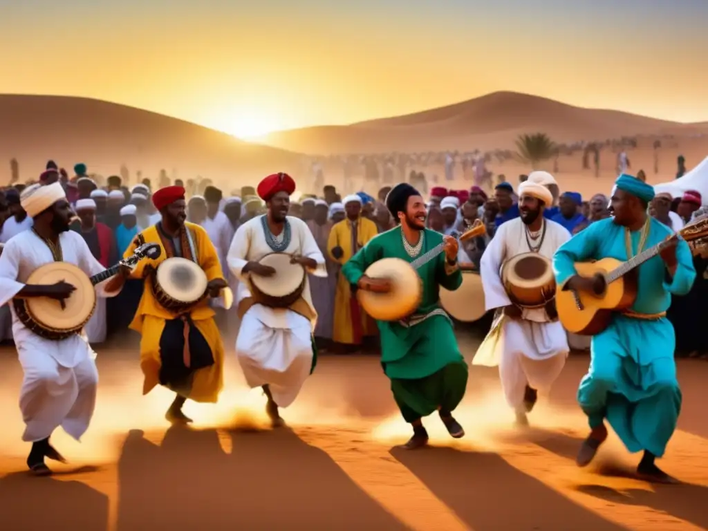 Festival de Música Gnawa en Marruecos: Escena vibrante de músicos Gnawa inmersos en su música, con instrumentos tradicionales y una atmósfera etérea