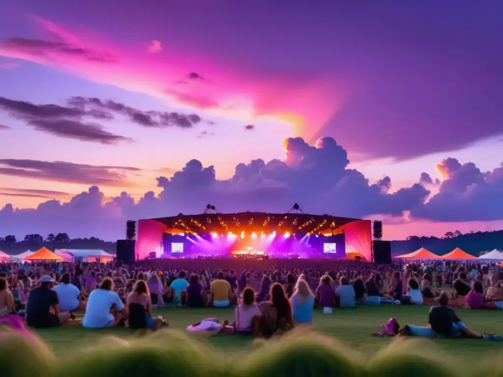 Influencia música indumentaria festivales: Vibrante escena festivalera al atardecer, con música y moda ecléctica en un campo iluminado por el sol