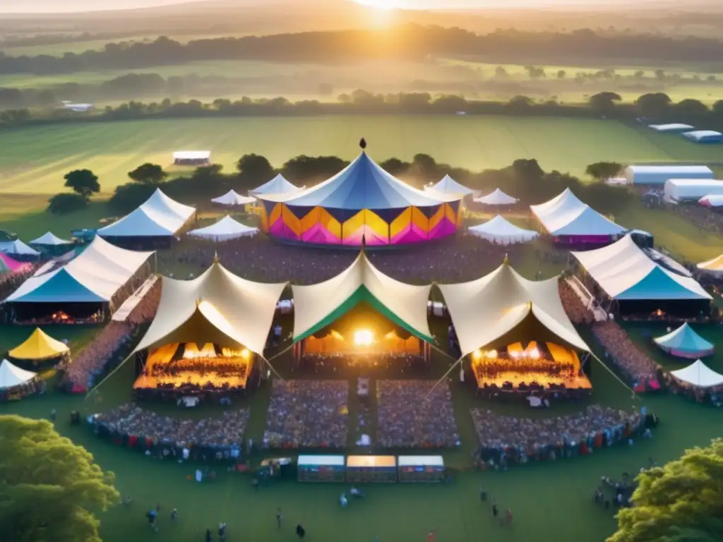 Festival ecofriendly: Vista aérea vibrante de un evento musical sostenible rodeado de naturaleza y diversidad