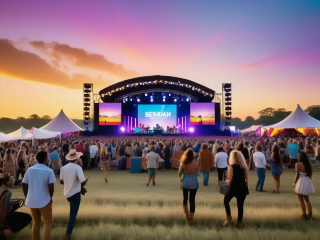 Imagen de festival de música vibrante con millennials en un campo iluminado al atardecer