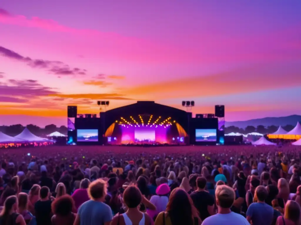 Escena vibrante de festival musical al atardecer