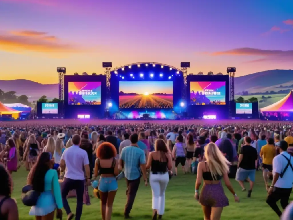 Escena vibrante de festival de música al atardecer, con impacto ambiental de festivales