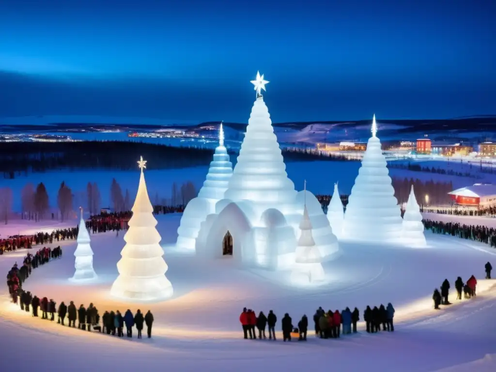 Festival de la Nieve en Kiruna, Suecia: Escena mágica de invierno con esculturas de hielo iluminadas y gente disfrutando de actividades festivas