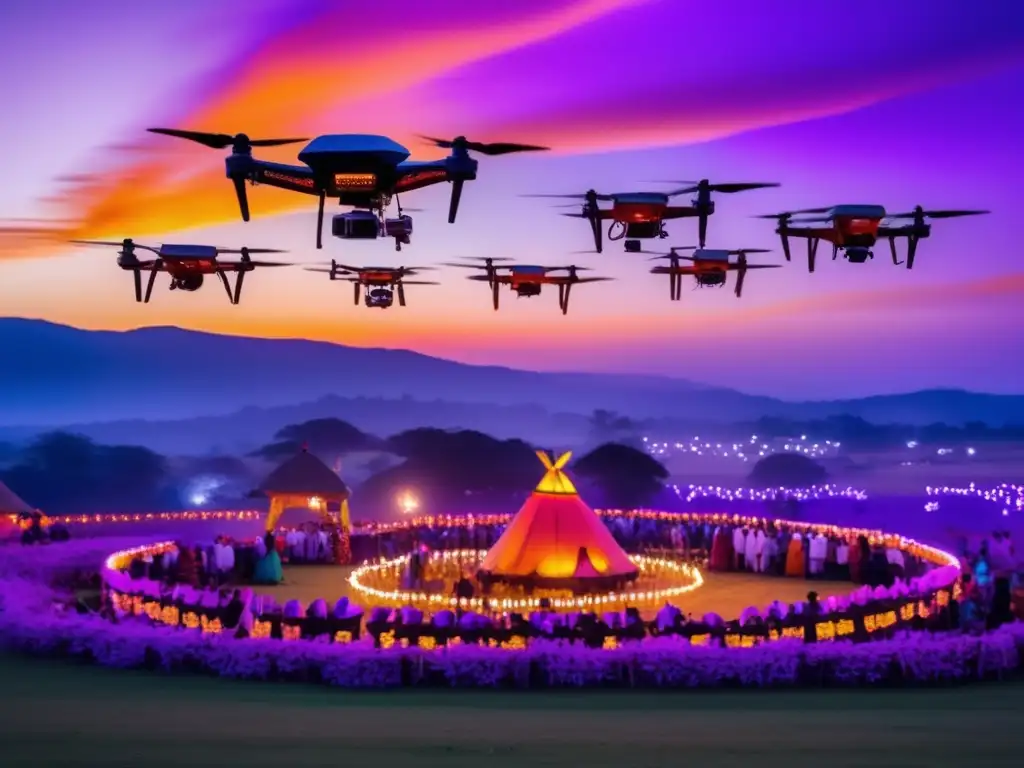 Festivales tradicionales alrededor del mundo: Drones iluminan cielo naranja y morado, fusionando tradición y tecnología