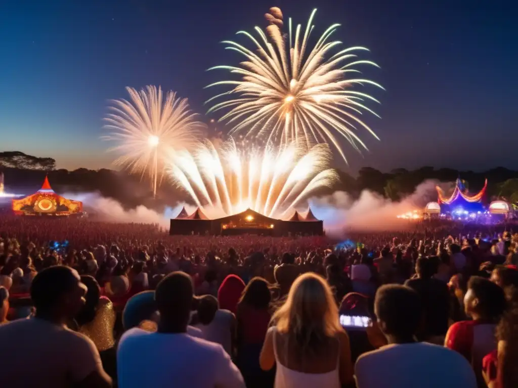 Festival nocturno con fuegos artificiales y diversa multitud - Técnicas documentación visual festivales