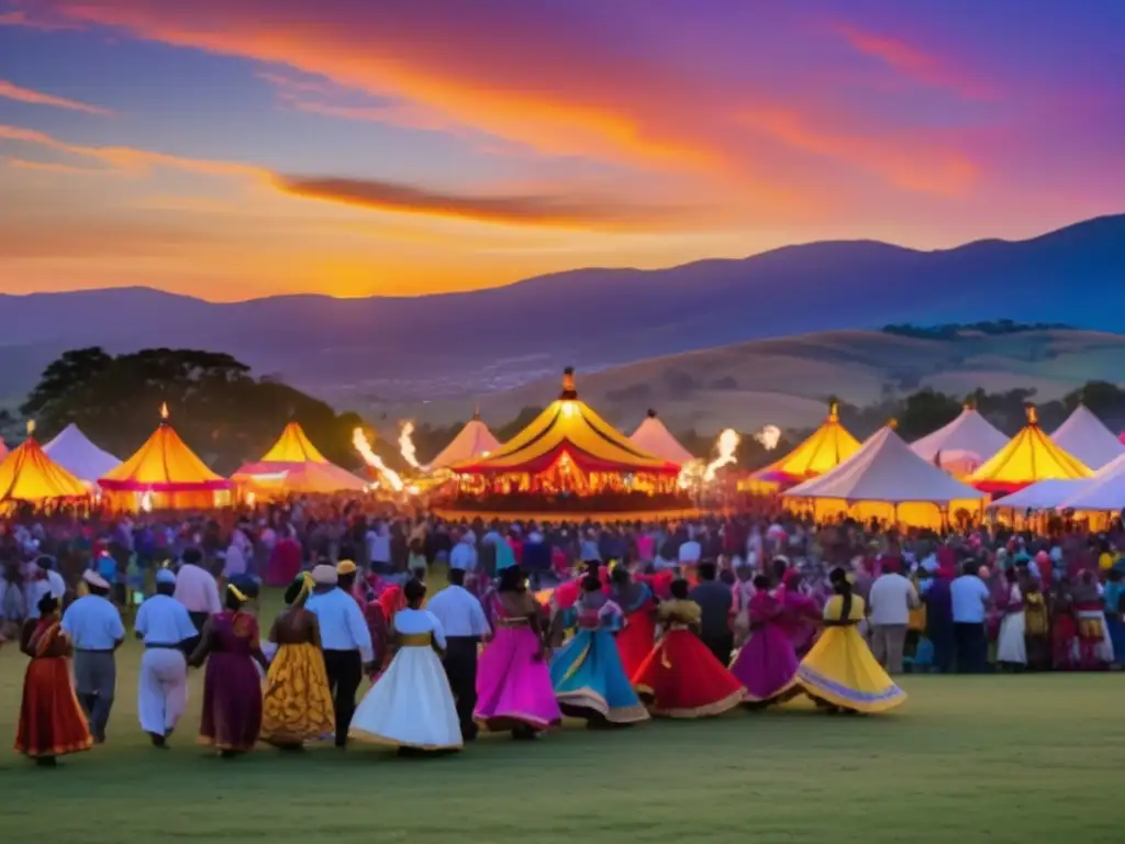 Escena vibrante de un festival al atardecer, con colinas y una puesta de sol brillante