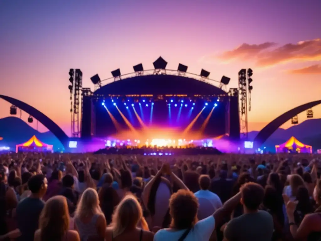 Tecnología en festivales de música: Escena mágica con luces vibrantes, multitud emocionada y cielo colorido en el horizonte