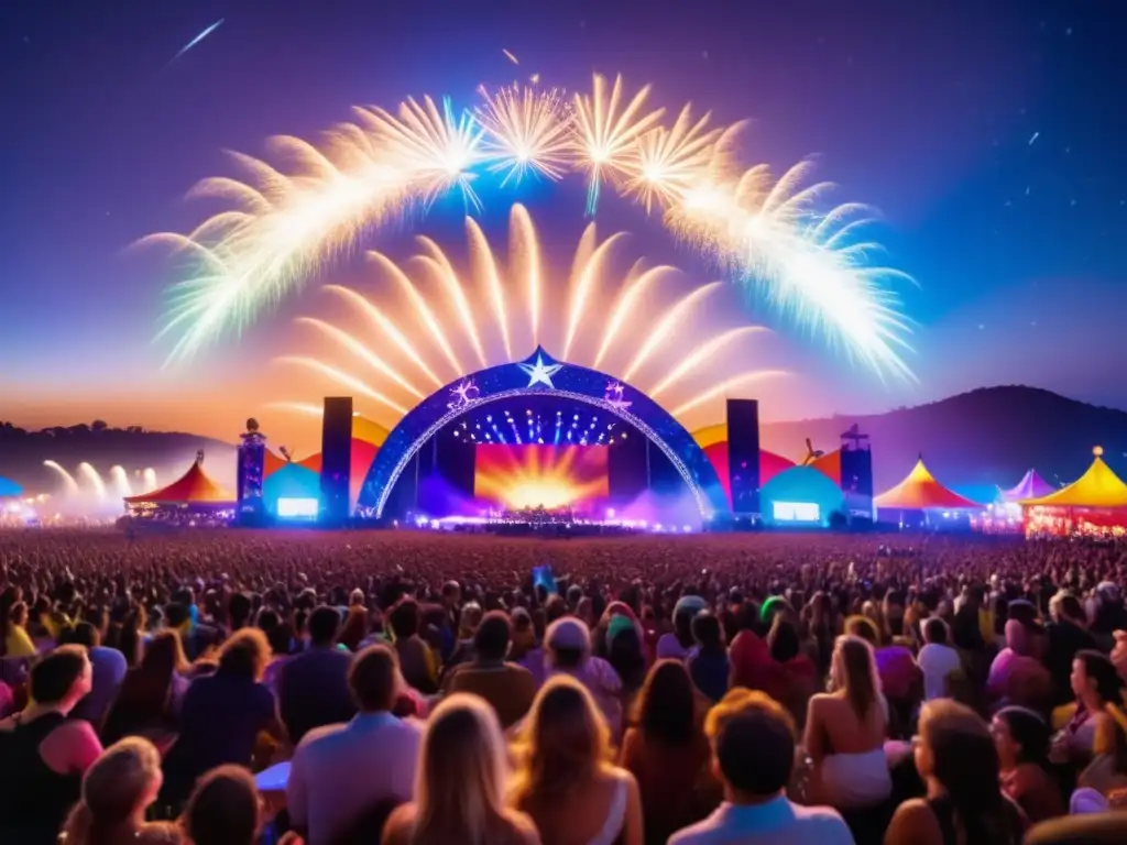 Fotografía analógica en festivales: perspectiva digital - Fiesta vibrante bajo un cielo estrellado, con luces y actuaciones cautivadoras