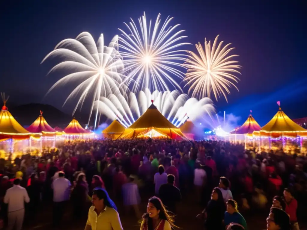 Guía fotográfica de festivales tradicionales: Escena hipnotizante de un festival nocturno con luces vibrantes y expresiones alegres