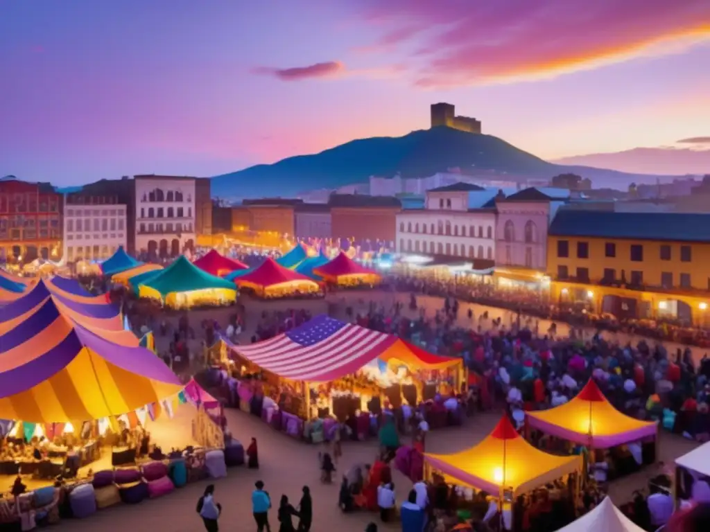 Festival vibrante en plaza con personajes diversos, música y arte callejero