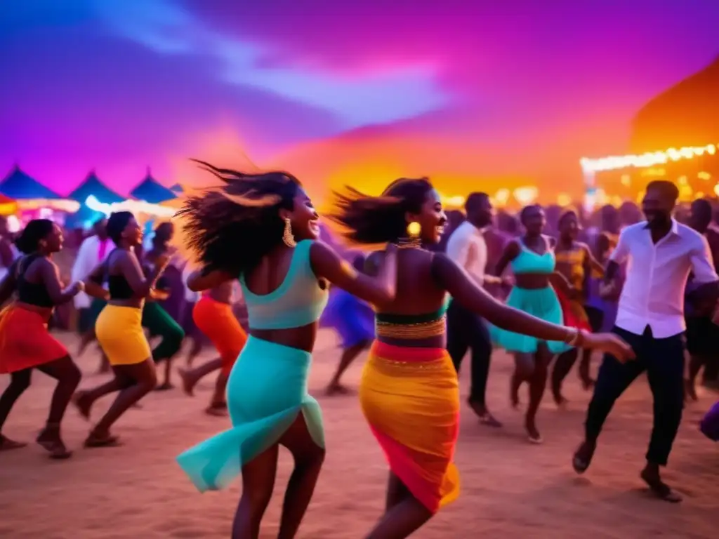 Festival nocturno con vibrantes luces y gente bailando en un ambiente de alegría y libertad