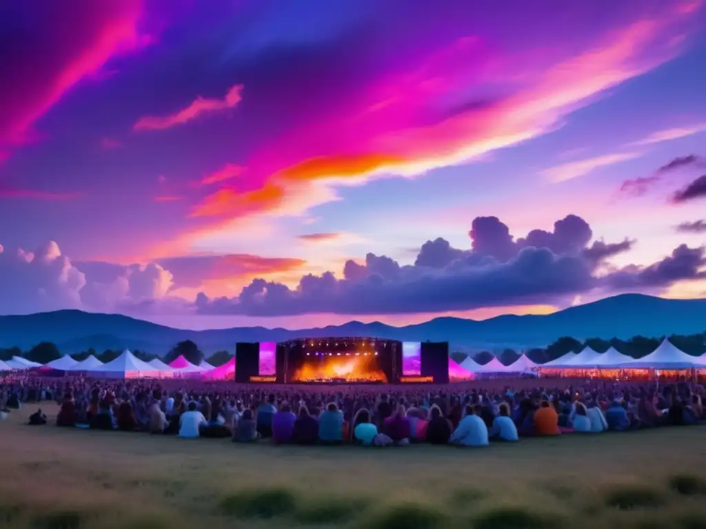 Festival de música al atardecer con vibrantes luces: Mejores herramientas fotográficas festivales