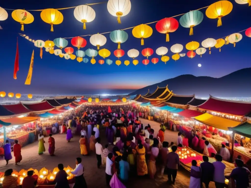 Celebraciones tradicionales en todo el mundo: noche vibrante con mercado, música, comida callejera, y templos históricos iluminados