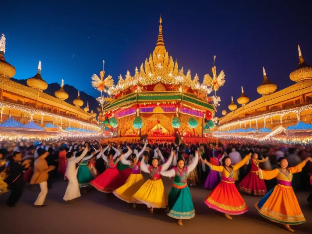 Fotografía impresionante: festival internacional nocturno con luces vibrantes, danzas coloridas y espectadores fascinados