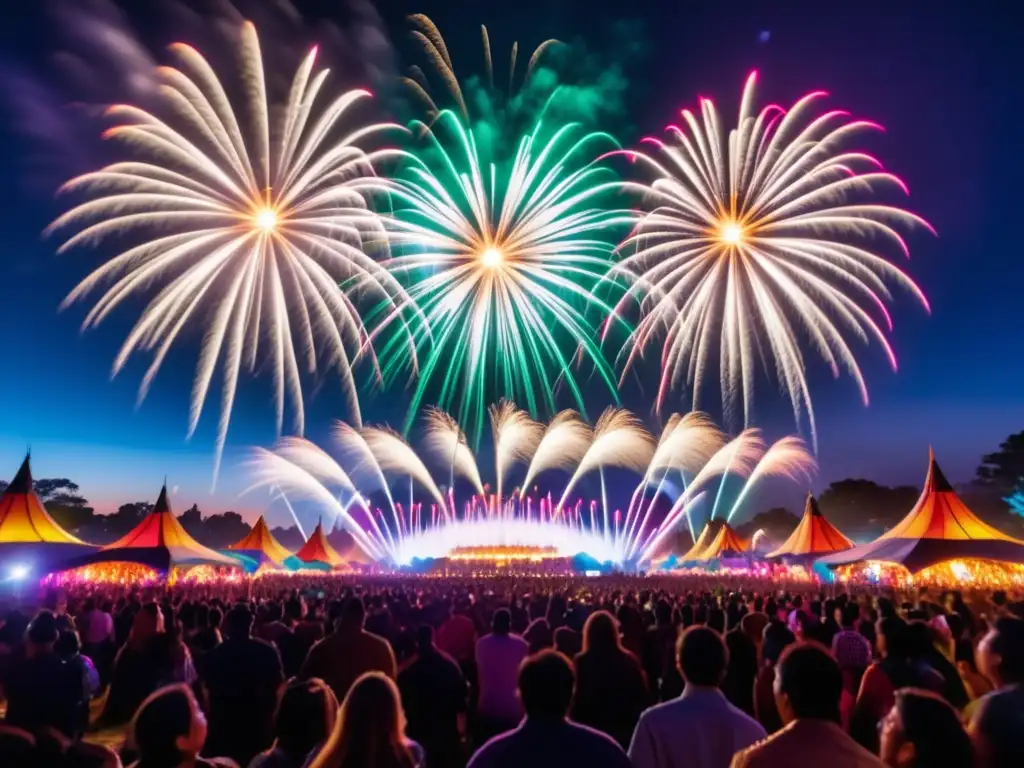 Fotografía de larga exposición en festivales nocturnos: vibrante escena festiva con luces coloridas, multitud animada y fuegos artificiales mágicos