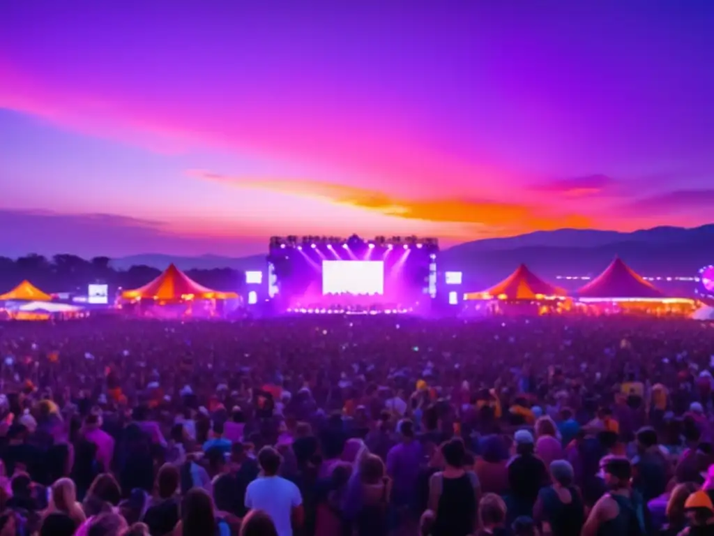 Festival de música al atardecer - Vibrante escena llena de energía con colores etéreos y miles de asistentes inmersos en el momento