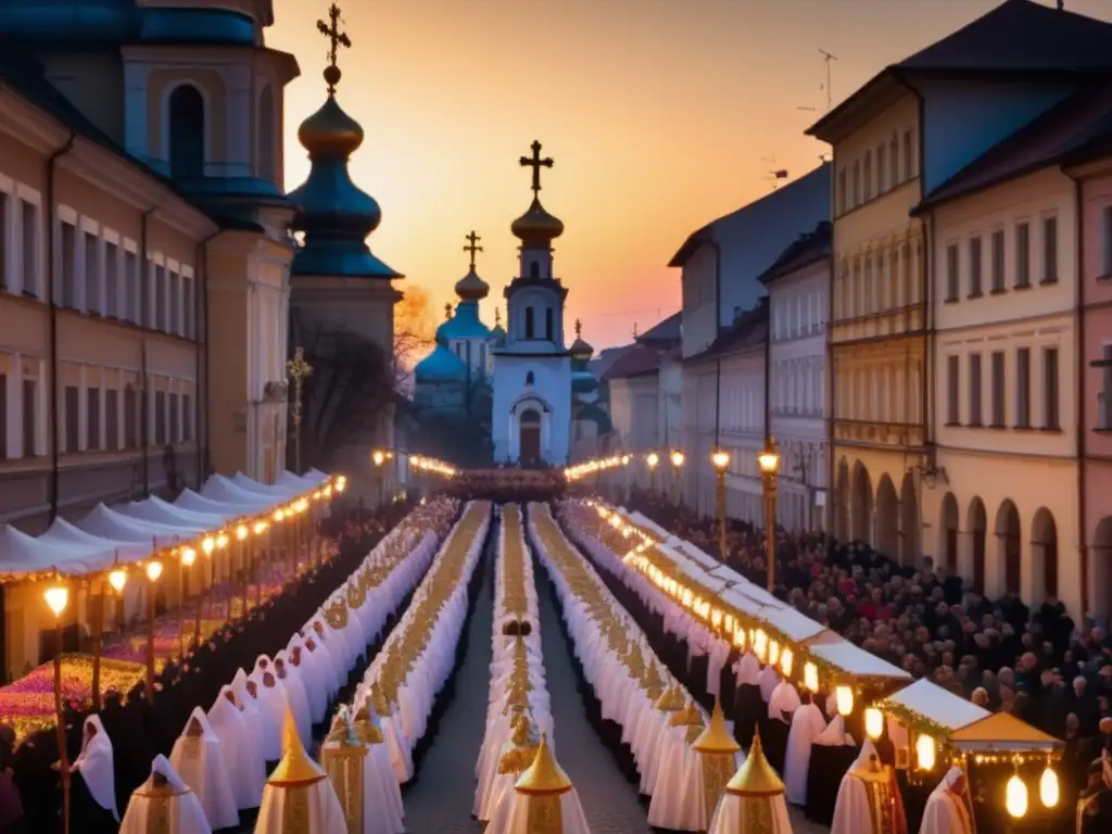 Festivales ortodoxos Europa del este: Fiesta religiosa con procesión de sacerdotes ortodoxos, seguidores con velas y decoraciones coloridas