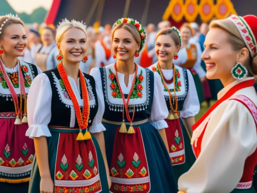 Simbolismo indumentaria tradicional polaca: Mujeres danzando en festival polaco con trajes vibrantes y ricos en patrones, en paisaje natural