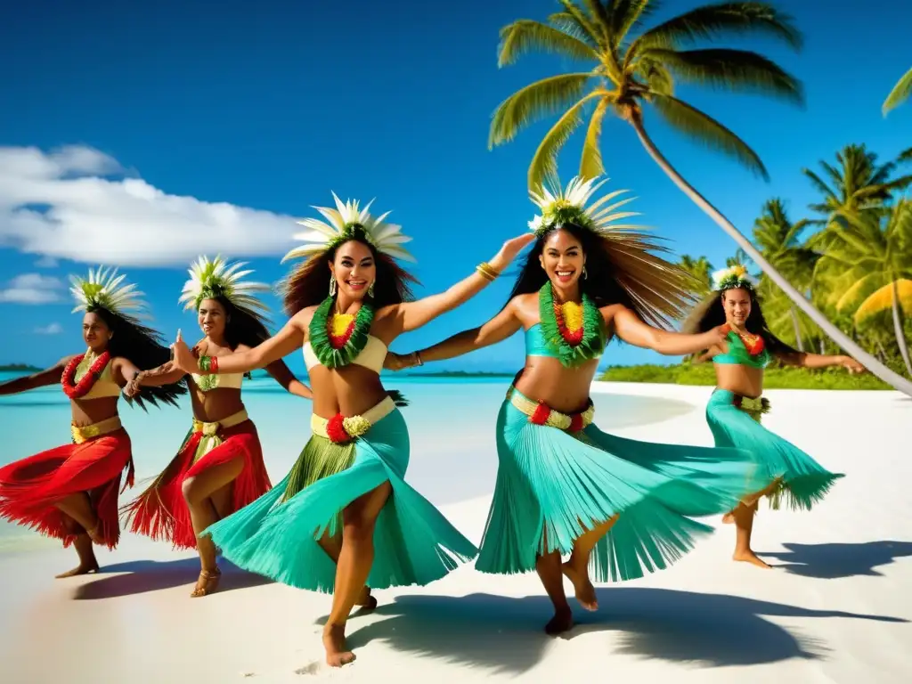 Festivales tradicionales en Polinesia: danza hula en una playa de arena blanca, aguas turquesas y palmeras