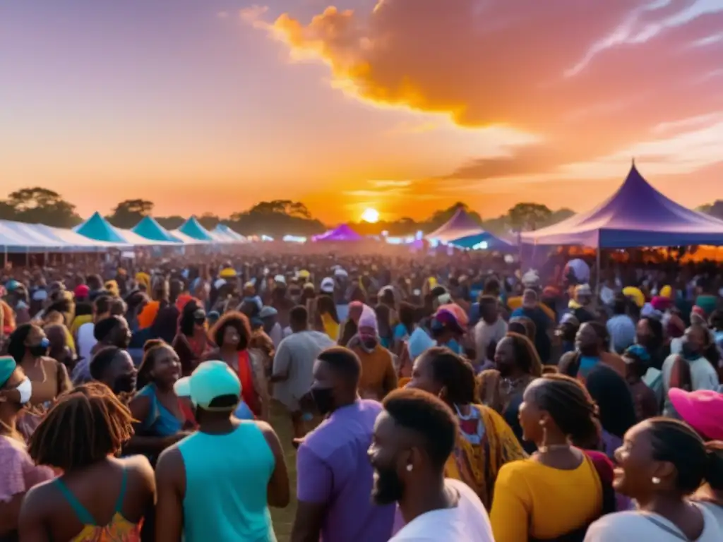 Festival al aire libre postpandémico con medidas de seguridad y diversidad en la multitud