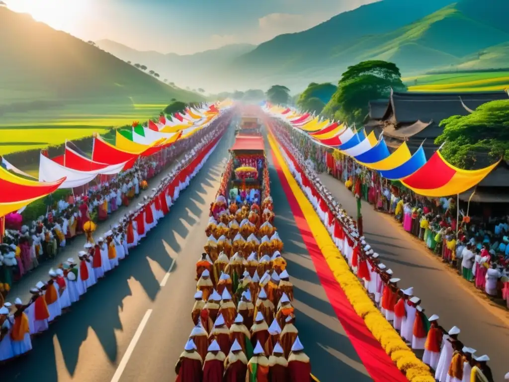 Festivales tradicionales postpandemia destacados en paisaje rural con desfile vibrante, atuendos coloridos y banderas ondeando