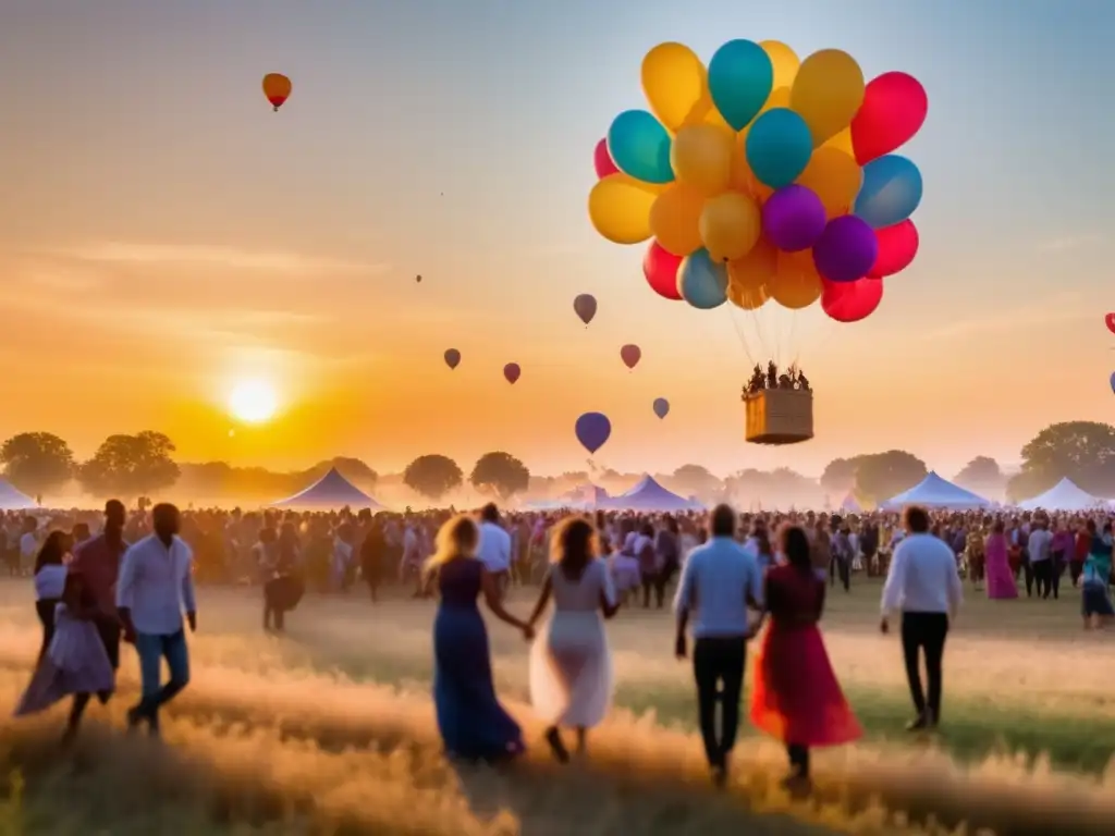 Innovaciones logística festivales postpandemia: Escena vibrante y etérea de festival postpandemia con globos coloridos flotando en un campo abierto