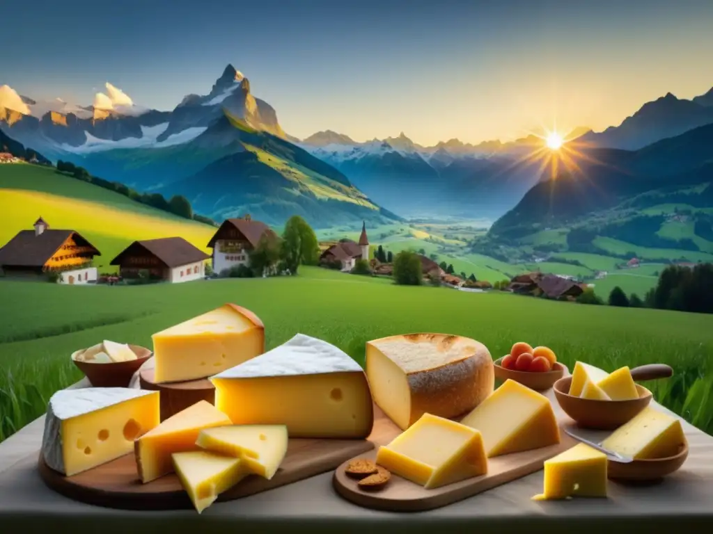 Festival del Queso Gruyère: amantes del queso en paisaje alpino con mesa llena de variedades y chefs celebrando la herencia culinaria de Gruyère