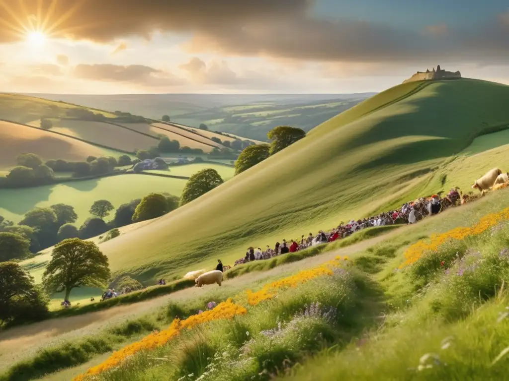 Paisaje inglés con colina verde, flores y Festival del Queso Rodante