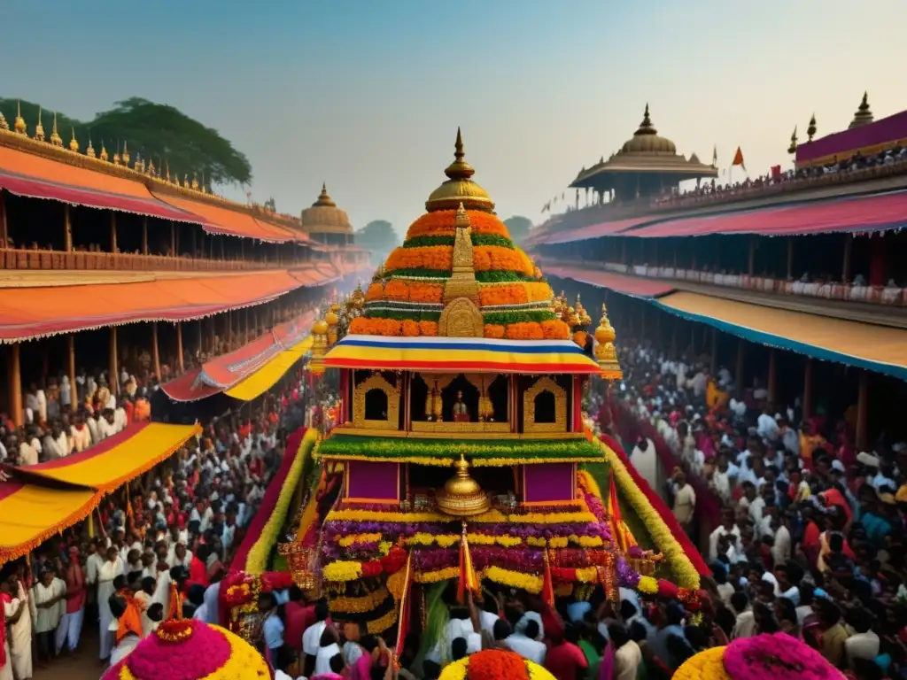 Festivales sagrados de la India: Ratha Jatra, procesión de carros decorados en vibrante escena llena de devotos y música tradicional