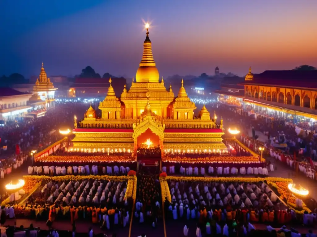 Escena impresionante de festival religioso al atardecer, con procesión, símbolos religiosos y ambiente místico