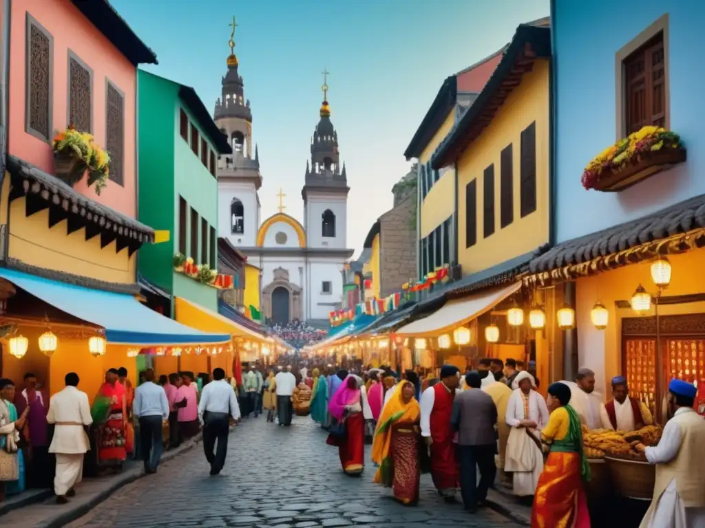 Escena vibrante de un festival religioso en un pueblo histórico con calles empedradas, edificios coloridos y detalles arquitectónicos